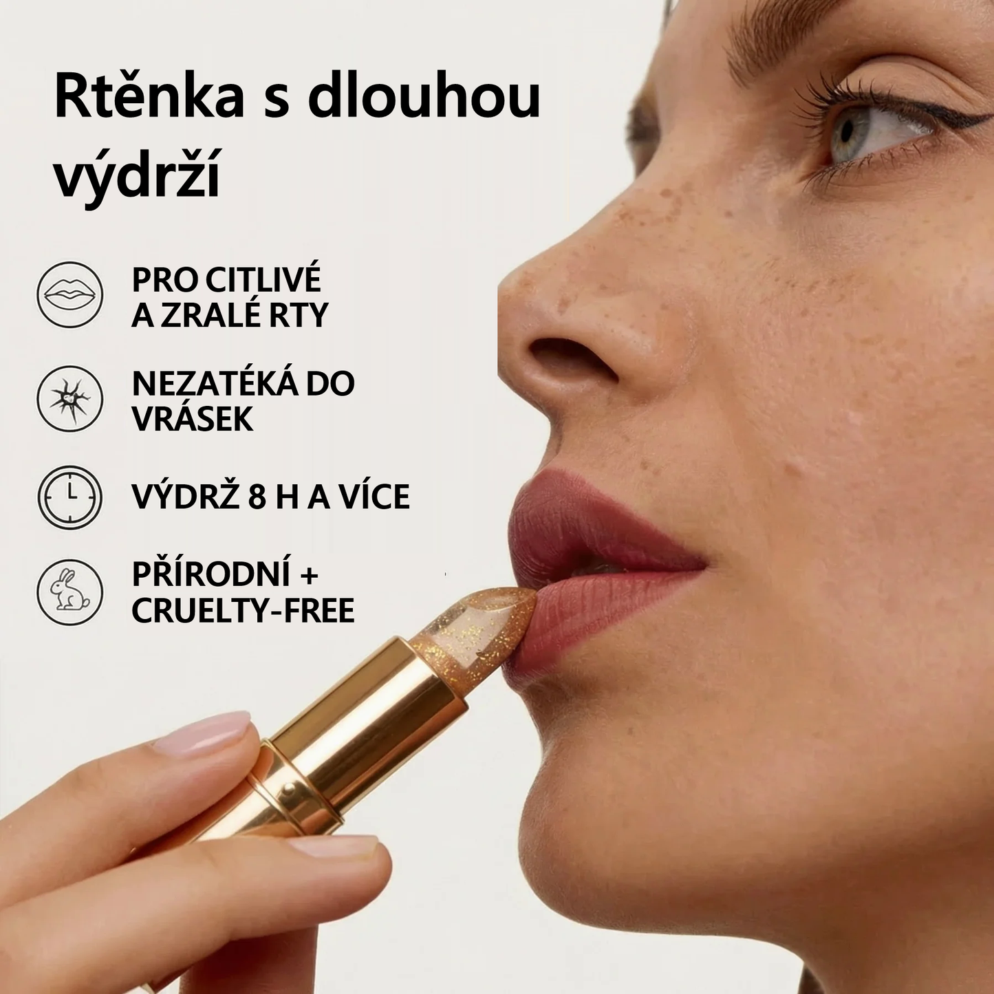 Rtěnka s dlouhou výdrží pro citlivé a zralé rty, nezatéká do vrásek