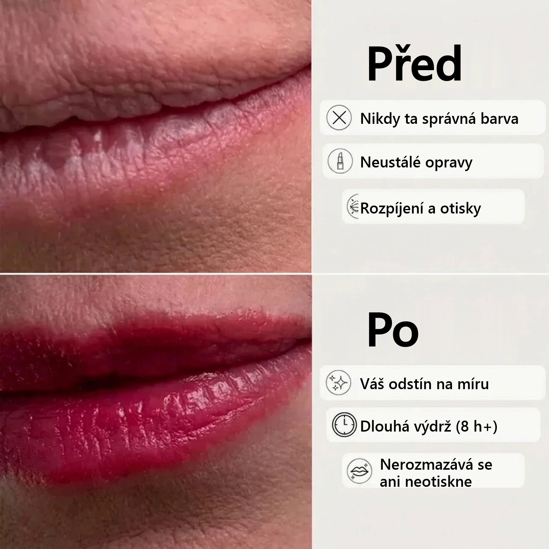 Před a po: váš odstín na míru, dlouhá výdrž, nerozmazává se